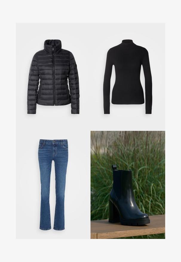Sort pufferjakke med høj krave, lynlås i front, vandret quiltet design og glat tekstur. Har en sidelomme og logo-detalje.; Sort turtleneck sweater lavet af let strikket stof. Har lange ærmer, et tætsiddende design og en blød ribbet tekstur.; Blå denimjeans med en lige ben-design, der har lys fading, fem-lomme layout og en metal knaplukning ved taljen.; Sort, skinnende læder ankelstøvle med kraftig høj hæl og trækketap, præsenteret på en træoverflade med en baggrund af højt grønt græs.