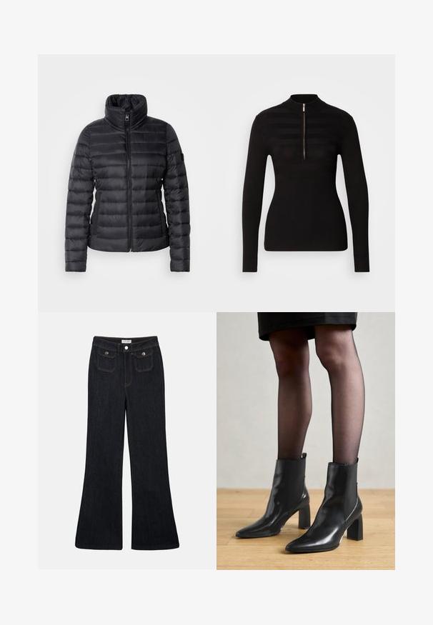 Schwarze Steppjacke mit hohem Kragen, durchgehendem Reißverschluss, horizontalem Steppdesign und glatter Textur. Verfügt über eine Seitentasche und ein Logodetail.; Schwarzer Langarm-Polo-Pullover mit halbem Reißverschluss, ausgestattet mit horizontalen Streifenmustern und geripptem Textil an den Bündchen und dem Saum.; Schwarze, ausgestellt geschnittene Jeans aus Denim mit hoher Taille, zwei Fronttaschen und orangefarbenen Nähten. Das Material wirkt robust und glatt.; Schwarze Leder-Ankle-Boots mit spitzer Zehenform, klobigem quadratischem Absatz und schlankem Design. Verfügt über elastische seitliche Einsätze für leichtes An- und Ausziehen.