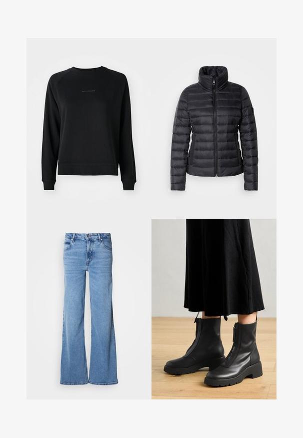 Veste rembourrée noire avec un col haut, une fermeture éclair à l'avant, un design matelassé horizontal et une texture lisse. Comprend une poche latérale et un détail de logo.; Sweatshirt noir à manches longues, avec des poignets et un ourlet côtelés. Présente un logo subtil gris sur le devant. Tissu en mélange de coton doux.; Jean large de couleur bleu clair en denim. Doté d'un design classique à cinq poches et d'une braguette à boutons apparents. Texture douce et finition unie.; Bottines en cuir noir avec une semelle plateforme épaisse et une fermeture éclair à l'avant. Texture lisse avec un design minimaliste.