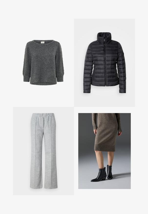Mustavõrkjope kõrge kraega, lukuga ees, horisontaalne õmblusprofiil ja sile tekstuur. Sisaldab küljetaskut ja logo detaile.; Kaffe KABETTY - Džemper - grey melange; Hall Gray, laiad püksid tekstureeritud kangast; omad elastse vöökoha ja volditud esiküljed. Puhtad, minimalistlikud jooned.; Mustmustest nahkainked, millel on terav nina, koonuskaal ja sakilised õmblusdetailid, sobitatud ribakujulise pruunist kudumist kleidiga.