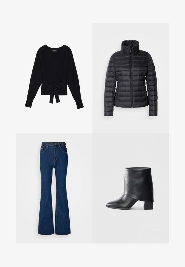 Veste rembourrée noire avec un col haut, une fermeture éclair à l'avant, un design matelassé horizontal et une texture lisse. Comprend une poche latérale et un détail de logo.; Pull à manches longues noir, enroulé, avec une texture côtelée et une ceinture en tissu nouée en un noeud à la taille.; Jeans en denim bleu évasés avec une taille haute, des coutures contrastées et une ceinture tissée au design tressé. Texture lisse et style classique.; Bottine en cuir noir à bout pointu, texture lisse et talon bloc structuré. Elle se distingue par un design de revers haut et plié.