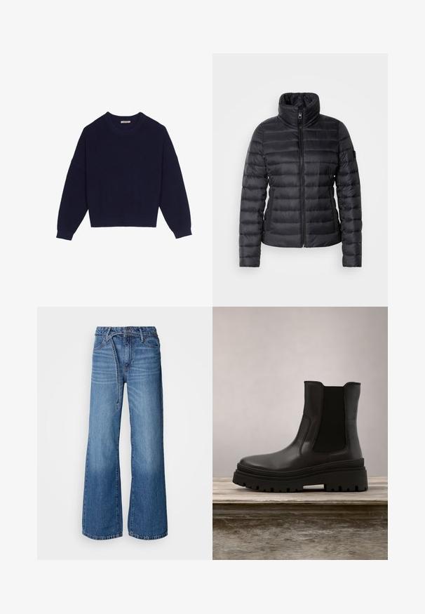 Veste rembourrée noire avec un col haut, une fermeture éclair à l'avant, un design matelassé horizontal et une texture lisse. Comprend une poche latérale et un détail de logo.; Pull en tricot bleu marine avec une texture côtelée, un col rond, des épaules tombantes et un ourlet court. Tissu doux avec des manches longues.; Jean large bleu clair en denim. Présente une taille haute, des coutures visibles et une ceinture à nouer. Texture décolorée vers le bas.; Bottine en cuir noir avec une semelle épaisse, des panneaux latéraux élastiqués et une finition lisse. Design surélevé avec des détails de semelle contrastants.