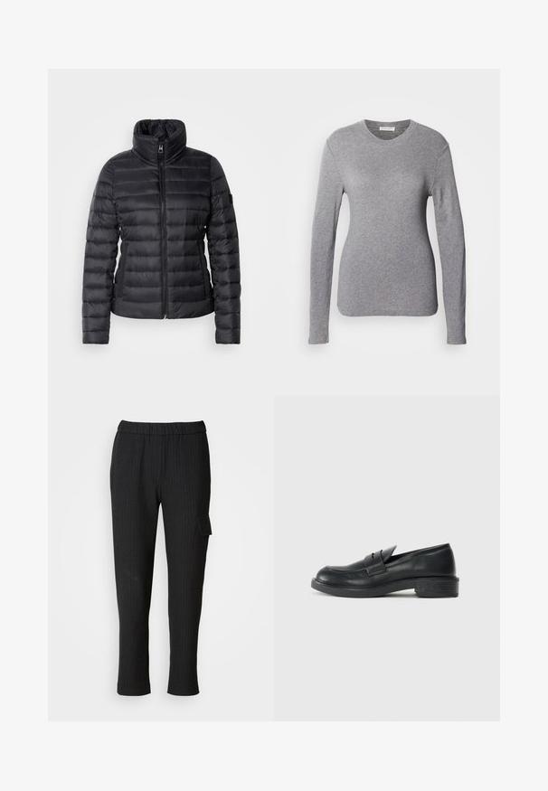 Veste rembourrée noire avec un col haut, une fermeture éclair à l'avant, un design matelassé horizontal et une texture lisse. Comprend une poche latérale et un détail de logo.; Chemise à manches longues grise en tissu doux, dotée d'un col rond et d'un design ajusté. Texture lisse sans motifs ni accents visibles.; Pantalons noirs à rayures fines avec une taille élastique et une coupe droite. Présente une poche latérale avec rabat, fabriqués à partir d'un tissu lisse.; Mocassins en cuir noir avec un bout arrondi, des détails cousus et un petit talon. Texture lisse et semelle en caoutchouc flexible.