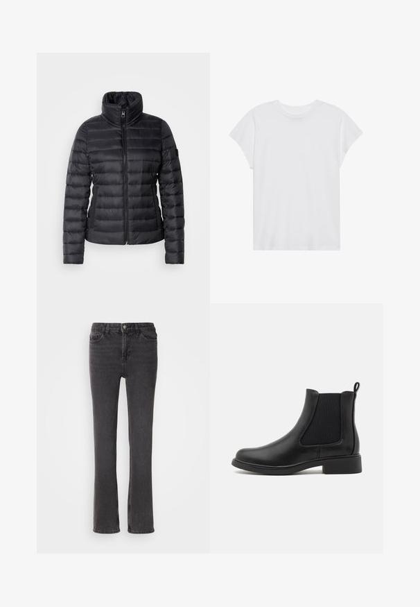 Veste rembourrée noire avec un col haut, une fermeture éclair à l'avant, un design matelassé horizontal et une texture lisse. Comprend une poche latérale et un détail de logo.; T-shirt blanc à manches courtes, col rond, coupe décontractée, en tissu de coton doux. Texture lisse, sans motifs ni logos.; Jeans en denim noir à coupe droite, avec des poches avant, une fermeture éclair et des détails de couture subtils. Le tissu a une légère texture.; Bottines Chelsea en cuir noir avec des panneaux latéraux élastiques, bout arrondi et un petit talon en bloc. Texture lisse et design minimaliste.
