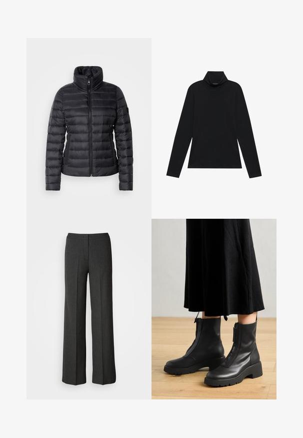 Zwarte pufferjack met een hoge kraag, ritssluiting aan de voorkant, horizontaal gestikt ontwerp en een gladde textuur. Beschikt over een zijzak en logo-detail.; Zwarte langetermijn turtleneck. Zachte stof, getailleerd design, hoge kraag en zijnaad. Eenvoudige en veelzijdige stijl die geschikt is voor het laagjes dragen.; Wijdvallende broek in donkergrijs, gemaakt van geweven stof. Heeft een aansluitende tailleband en een subtiel streeppatroon.; Zwarte leren enkelboots met een chunky platformzool en een rits aan de voorkant. Glad oppervlak met een minimalistisch ontwerp.
