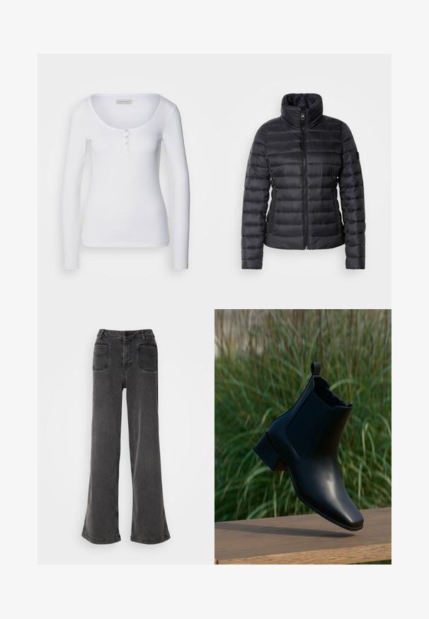 Veste rembourrée noire avec un col haut, une fermeture éclair à l'avant, un design matelassé horizontal et une texture lisse. Comprend une poche latérale et un détail de logo.; Haut à manches longues blanc avec un décolleté en scoop, texture côtelée et trois accents de boutons argentés sur le plastron avant.; Jean noir taille haute à jambes larges en denim, avec une fermeture à bouton, des passants de ceinture et deux poches arrière avec des accents cousus.; Bottine en cuir noir à talon bloc équilibrée sur une surface en bois, fond d'herbe haute verte.