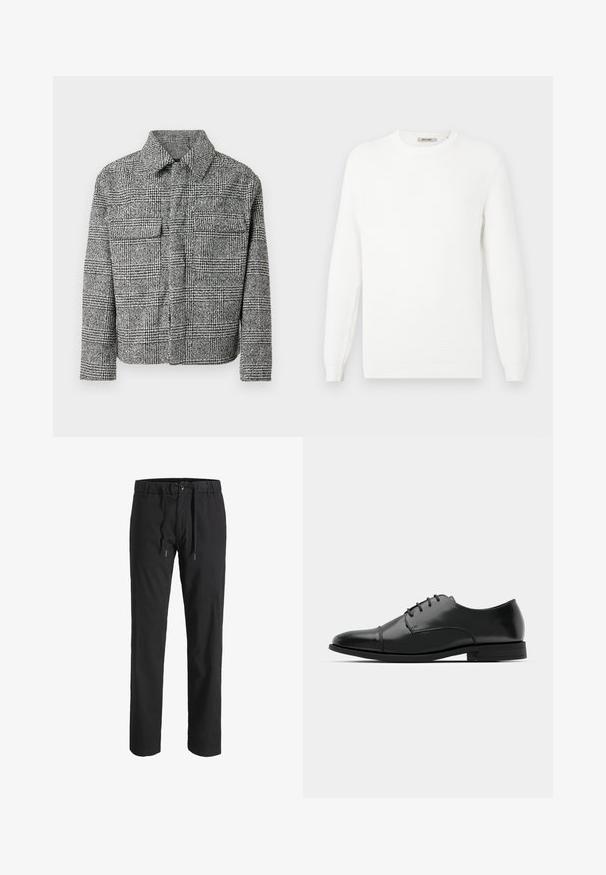 Veste à carreaux noir et blanc avec un col, deux poches poitrine, des manches longues et un tissu texturé.; Pull en maille blanche avec un col rond et des poignets côtelés. La texture présente un motif subtilement rayé horizontalement.; Pantalon droit noir avec taille élastique, fermeture par bouton et cordons à nouer à l’avant.; Chaussure habillée noire en cuir avec un bout rond, un laçage, des détails de couture subtils et un petit talon. Texture lisse avec une finition polie.