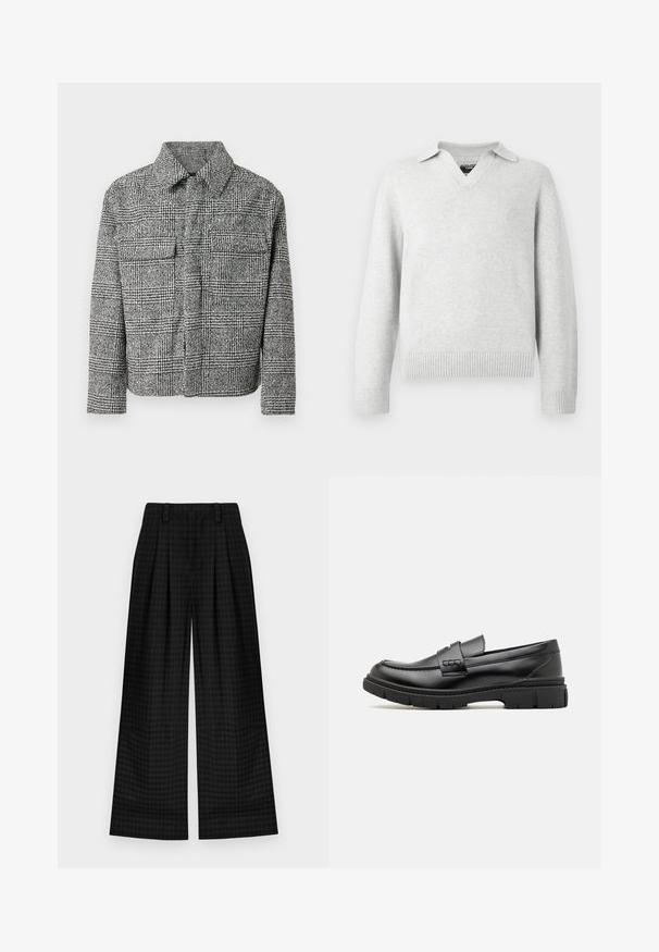 Chaqueta de camisa a cuadros en blanco y negro con collar, dos bolsillos en el pecho, mangas largas y una tela texturizada.; Suéter de punto gris claro con diseño de escote en V y cuello. Puños y dobladillo acanalados, con una textura suave y un ajuste casual.; Pantalones de pierna ancha a cuadros negros con pliegues, que presentan una textura suave y un diseño clásico. Tejido ligero para mayor confort.; Mocasin de cuero negro con una cinta ancha en el empeine, suela de goma con tacos gruesos y textura suave. Diseño clásico y elegante.