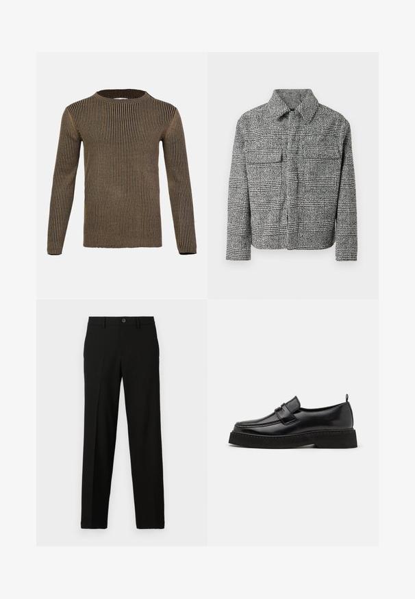 Rudeskjorte i sort-hvid tern med krave, to brystlommer, lange ærmer og en struktureret stof.; Brun og sort stribet langærmet sweater med rund hals, ribbet tekstur og lige kant. Fremstillet af blødt, strikket materiale.; Sorte bukser lavet af glat stof, med lige snit, knaplukning i taljen, og uden synlige mønstre eller accenter.; Sorte læder loafersko i stil med flad, tekstureret sål, med en syet tå og en rem over vristen.