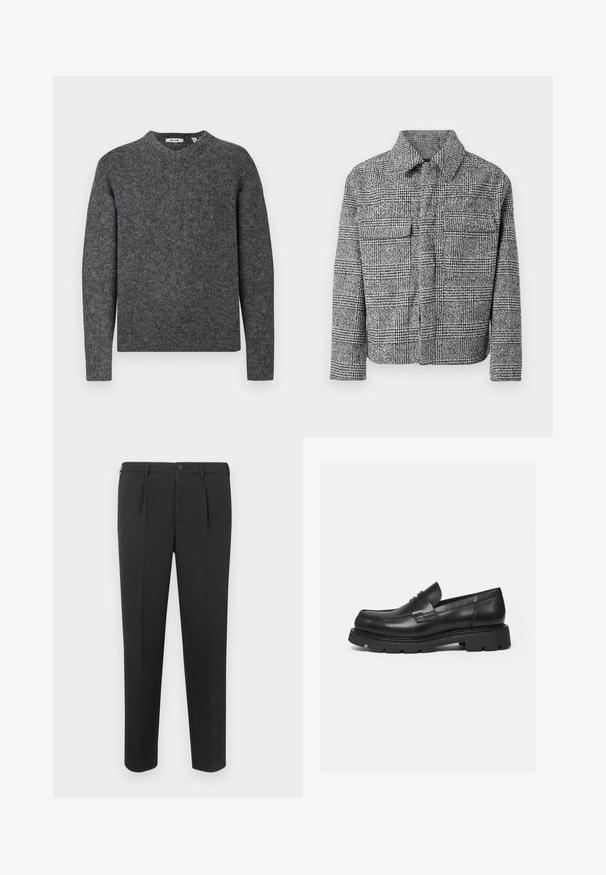 Chaqueta de camisa a cuadros en blanco y negro con collar, dos bolsillos en el pecho, mangas largas y una tela texturizada.; Suéter de lana gris con cuello redondo y mangas largas. Tejido de punto texturizado y puños acanalados en las muñecas y el dobladillo. Diseño simple y clásico.; Pantalones negros a medida con diseño de pierna recta, dos pinzas delanteras y cinturilla con botón. Fabricados en una tela lisa sin patrones visibles.; Mocasín negro de cuero con suela gruesa y acanalada y detalle de tira para moneda, mostrado en perfil lateral derecho sobre fondo blanco.