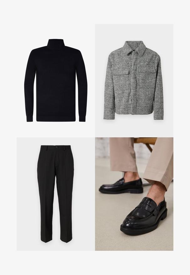 Rudeskjorte i sort-hvid tern med krave, to brystlommer, lange ærmer og en struktureret stof.; Sort turtleneck sweater, ribbede manchetter og krave, blødt strikstof, let design, lange ærmer, ingen synlig branding eller mønstre.; Sorte bukser lavet af glat stof, med lige ben design, forlommer, en enkelt knaplukning, og uden synlige mønstre.; Sorte lædermokkasiner med en glat overflade, der har en dekorativ rem og kontraststing, parret med beige bukser.