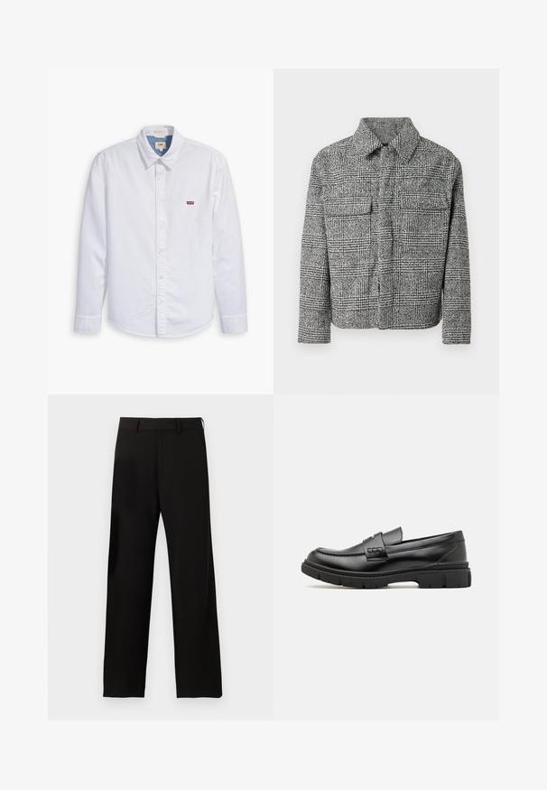Geruite zwart-witte overhemdjasje met een kraag, twee borstzakken, lange mouwen en een gestructureerde stof.; Witte langarm overhemd met knopen, gemaakt van katoen. Heeft een puntige kraag en een klein rood Levi's logo op de linkerkant van de borst. Gladde textuur.; Zwarte broek met rechte pijpen, riemlussen en zijzakken op een effen witte achtergrond.; Zwarte leren instapper met een brede band over de voet, rubberen zool met dikke noppen en een gladde textuur. Klassiek, strak ontwerp.