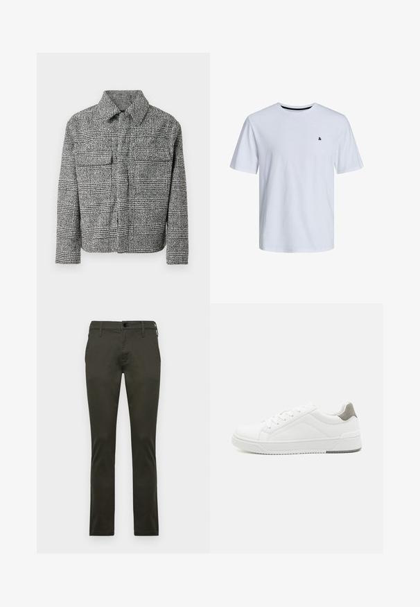Rudeskjorte i sort-hvid tern med krave, to brystlommer, lange ærmer og en struktureret stof.; Hvid bomulds T-shirt med korte ærmer, rund halsudskæring og et lille sort accentlogo på venstre brystområde.; Khaki chinos med en slank pasform, lavet af blødt bomuldsstof. Har en standard knaplukning og bæltestropper. Flad frontdesign.; Hvid sneaker lavet af glat læder, rund tå, minimalistisk design, grå hælafsats og tekstureret gummisål.