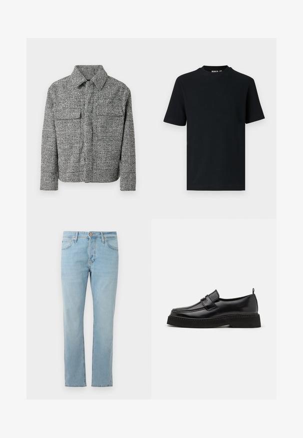 Rudeskjorte i sort-hvid tern med krave, to brystlommer, lange ærmer og en struktureret stof.; Sort kortærmet ribstrikket T-shirt med rund hals og et lille synligt mærke indeni kraven.; Lyseblå denim jeans med lige pasform, fem lommer og knaplukning i taljen, vist fladt på en hvid baggrund.; Sorte læder loafersko i stil med flad, tekstureret sål, med en syet tå og en rem over vristen.