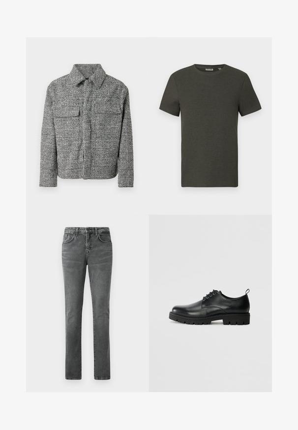 Rudeskjorte i sort-hvid tern med krave, to brystlommer, lange ærmer og en struktureret stof.; Mørkegrøn kortærmet t-shirt med rund halsudskæring, lavet af ribbet materiale; har et enkelt, minimalistisk design uden mønstre.; Grå denim jeans med straight leg pasform, fem-lomme design, subtilt falmet tekstur og bæltesløjfer. Ingen synlig branding eller pynt.; Sort læder sko med en rund tå, der har snørelukning, solid sort gummisål og en lille hælflap bagpå.