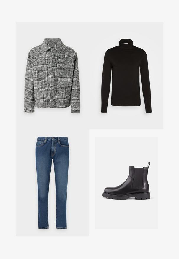 Karierte schwarz-weiße Hemdjacke mit Kragen, zwei Brusttaschen, langen Ärmeln und einem strukturierten Stoff.; Schwarz, langärmliges Turtleneck-Shirt aus einem glatten Stoff mit figurnaher Passform und hohem, enganliegendem Kragen. Keine sichtbaren Muster oder Akzente.; Blaue gerade geschnittene Jeans mit klassischem Fünf-Taschen-Design und Knopfverschluss, flach auf weißem Hintergrund dargestellt.; Schwarze Leder Chelsea-Boots mit elastischen Seitenpaneelen, runder Zehenpartie und strukturiertem Gummisohle. Verfügt über einen hinteren Zugschlauf für einfaches Anziehen.