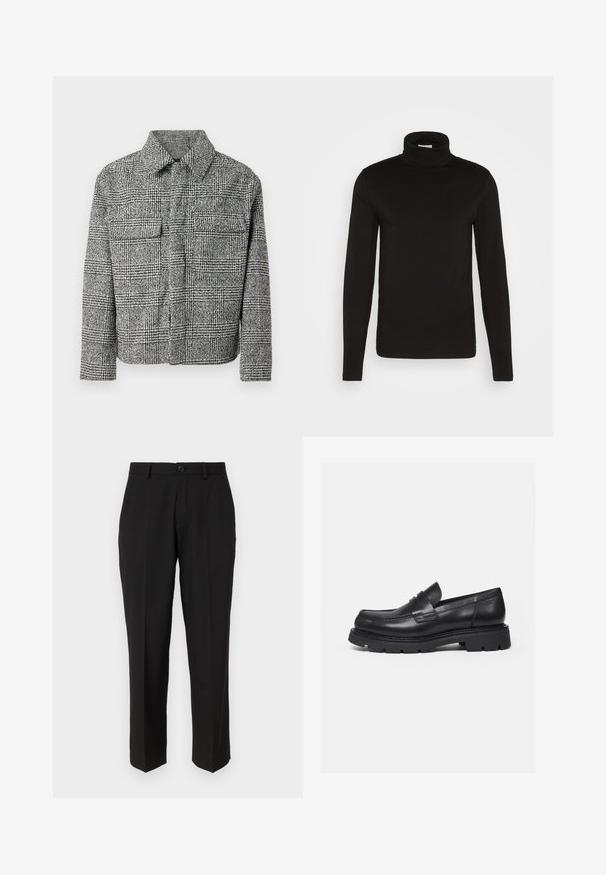 Rudeskjorte i sort-hvid tern med krave, to brystlommer, lange ærmer og en struktureret stof.; Sort turtleneck langærmet skjorte lavet af et glat stof med en tætsiddende design og en høj, tætsiddende krave. Ingen mønstre eller accenter synlige.; Sorte bukser lavet af glat stof, med lige ben design, forlommer, en enkelt knaplukning, og uden synlige mønstre.; Sort læderloafer med tyk rillede sål og penny-remdetalje, vist i højre sideprofil på hvid baggrund.