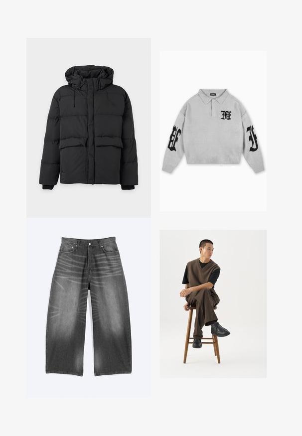 Schwarze wattierte Winterjacke mit großer Kapuze, Frontreißverschluss unter einer Blende verborgen, zwei Fronttaschen und langen Ärmeln mit Rippbündchen.; Hellgrauer Strickpullover mit Kragen. Verfügt über schwarze, bestickte Buchstaben auf der Brust und den Ärmeln sowie einen gerippten Saum und Bündchen.; Weit geschnittene, ausgewaschene schwarze Jeans aus Denim mit Vordertaschen und Knopfverschluss, flach auf einem hellen Hintergrund liegend dargestellt.; Brauner Strickwesten über einem schwarzen T-Shirt, kombiniert mit braunen weiten Hosen und schwarzen klobigen Schuhen, auf einem Holzschemel sitzend.