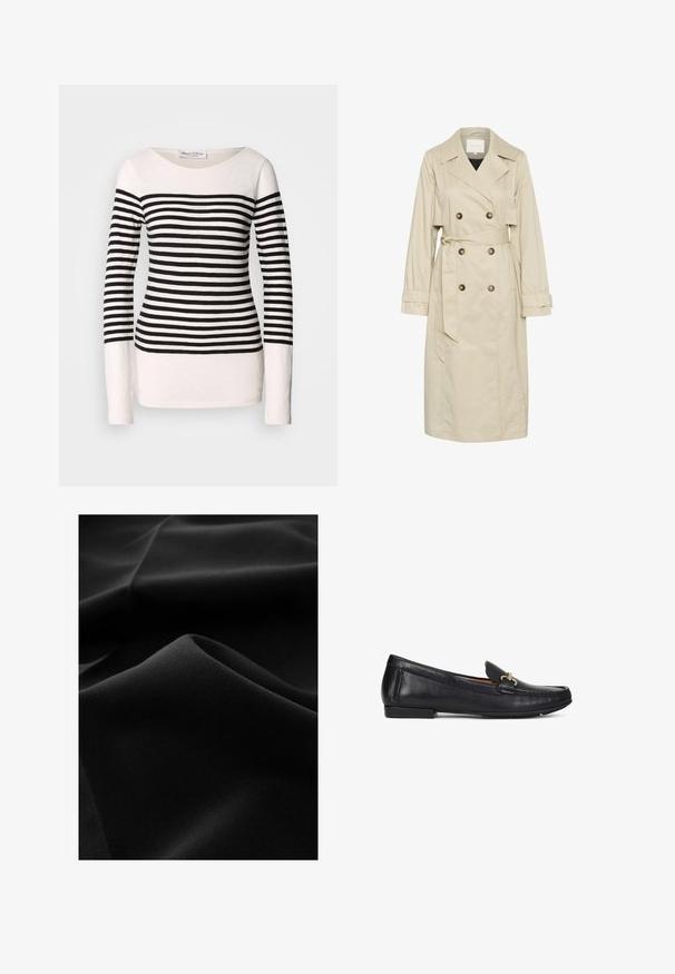 Beige Trenchcoat aus leichtem Stoff, mit einem doppelt knöpfbaren Design, großen Knöpfen und einem gebundenen Taillengürtel. Lange Ärmel und klassischer Kragen.; Langärmliges gestreiftes Oberteil mit schwarzen und weißen horizontalen Streifen, Bootsausschnitt-Design und taillierter Silhouette. Material aus Baumwollmischung.; Schwarzer Stoff mit einer glatten Textur, der sanfte Falten und einen subtilen Glanz aufweist; gleichmäßige Oberfläche ohne sichtbare Muster oder Akzente.; Schwarzer Leder-Slipper mit goldenem Metallspange-Detail, niedrigem Absatz und genähter Mokassin-Zehenspitze, in Seitenansicht vor weißem Hintergrund dargestellt.