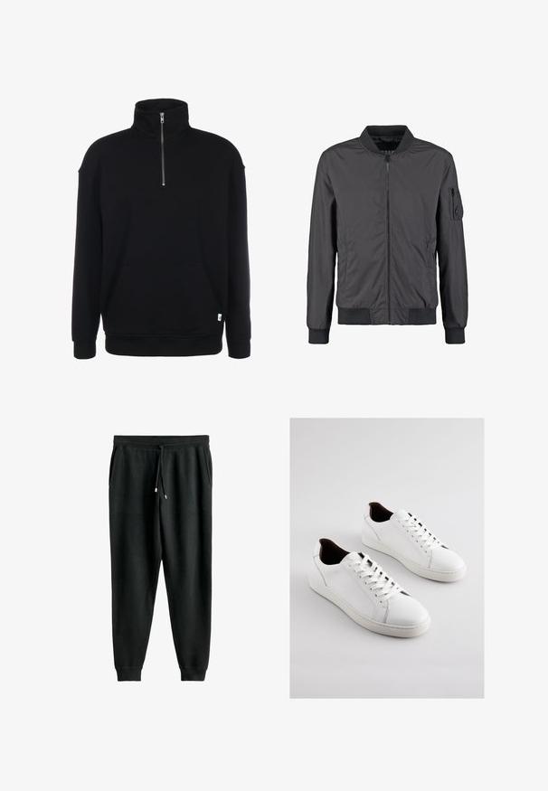 Zwarte bomberjack met ritssluiting aan de voorkant, geribde kraag, manchetten, zoom en een ritssluiting op de linkermouw.; Zwarte sweatshirt met rits en lange mouwen, zachte textuur, een voorzak en een klein groen logo aan de onderrand.; Zwarte sweats met een trekkoord in de taille, zijzakken, taps toelopende pijpen en ribgebreide boorden. Gemaakt van zacht materiaal met een gladde textuur.; Witte lederen sneakers met een laag profiel, geperforeerde zijkanten, platte veters en een contrasterende bruine binnenvoering. Rubberen zool met een textuurpatroon.