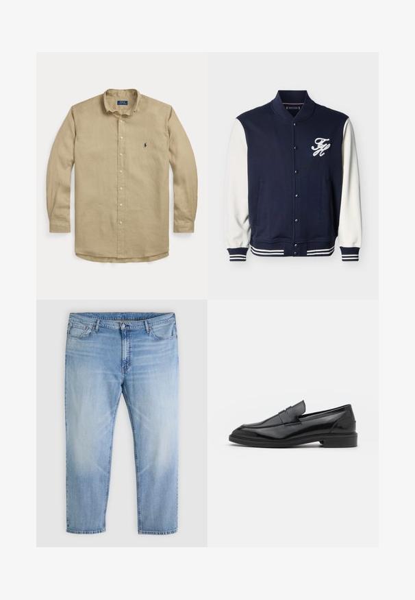 Marineblå varsityjakke med hvide ærmer, stribede manchetter og kant, trykknapper og hvidt "FH"-logo på venstre bryst.; Beige langærmet skjorte med knapper, krave, forreste knapper og lille mørkeblå broderet logo på venstre bryst.; Lyseblå denimjeans med knap- og lynlåslukning foran, fem lommer og et lige ben; Sorte læder loafers med en glat overflade, der har en rund tå og en smal bånd over det øverste. Lav stablet hæl.