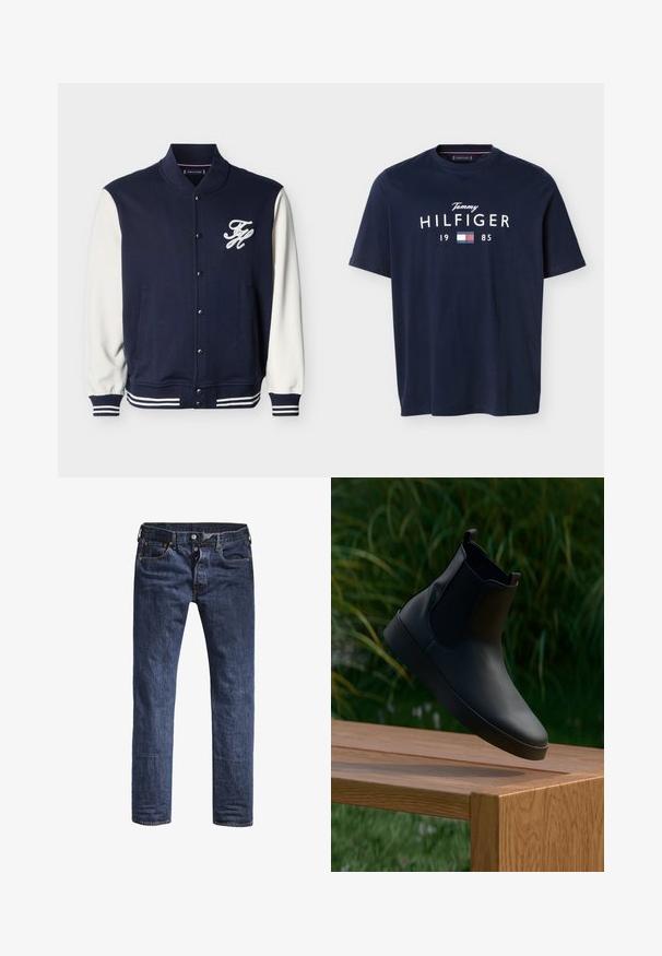 Laivastonsininen varsity-takki valkoisilla hihoilla, raidallisilla resoreilla hihansuissa ja helmassa, nepparikiinnitys ja valkoinen "FH"-logo vasemmassa rinnassa.; Laivastonsininen lyhythihainen T-paita, jossa etupuolella teksti "Tommy Hilfiger 1985" ja pieni punainen, valkoinen ja sininen lippulogo.; Tummansiniset farkut slim-mallisina, viidellä taskulla ja normaalilla vyötäröllä. Ominaisuuksiin kuuluvat näkyvät ompeleet ja metalliset yksityiskohdat.; Mustat nahkasaappaat nilkkapituisilla joustoilla, sileä pinta, pyöreä varvas ja litteat pohjat, asetettu puupöydän päälle vihreyden taustalla.