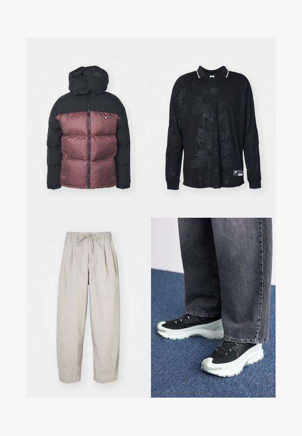 Chaqueta tipo puffer que presenta una sección superior negra y una mitad inferior color marrón burdeos, con un cuello alto, cierre de cremallera y detalle de logo en el pecho.; Polo negro de manga larga con un patrón texturizado, cuello blanco en contraste y etiqueta del logo de Nike en el lado inferior izquierdo.; Pantalones ligeros color beige con cintura elástica y cordón de ajuste. Presentan pliegues y un corte holgado, elaborados con una tela suave y lisa.; Zapatillas deportivas negras con parte superior de tela texturizada, mediopie blanca, cordones negros y suela de goma, combinadas con jeans de pierna ancha grises.
