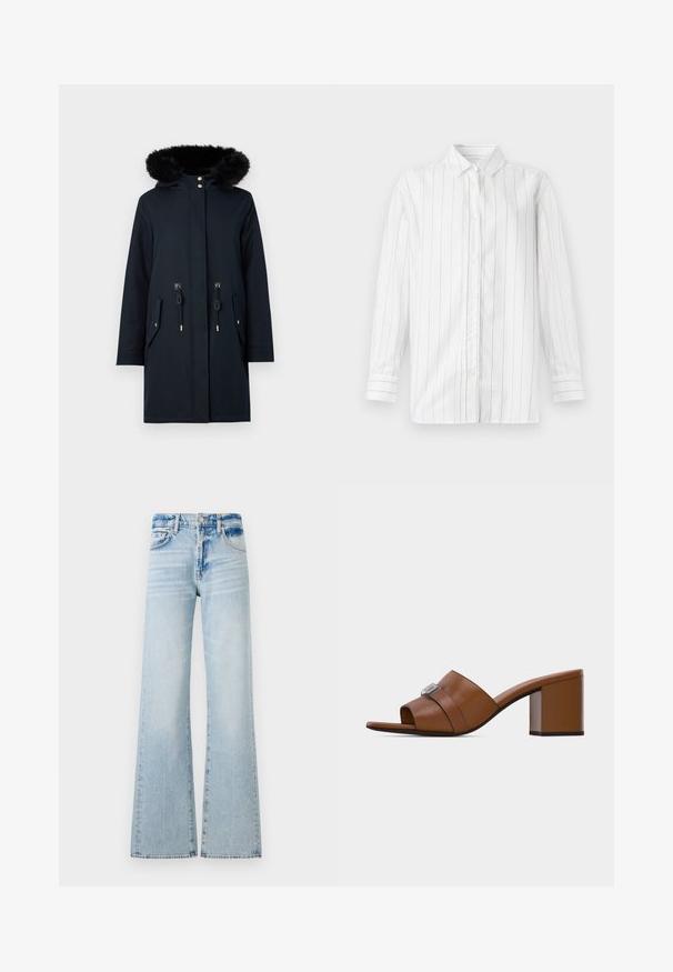 Marine parka jakke med en hætte foret med faux pels, guldtonede knapper, snoretræk i taljen og to frontlommer. Glat stof med mat finish.; Hvid skjorte med lange ærmer, klassisk krave, lige kant og lodrette sorte striber. Lavet af letvægtsstof.; Lyseblå bredbenede jeans lavet af denim, med en mellemhøj talje, fem lommer og kontrastsyninger med en falmet finish.; Brun læder mule med åbent tåparti, firkantet sølvspænde og chunky blokhæle i mellemstørrelse på en ensfarvet hvid baggrund.