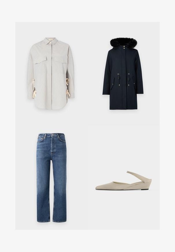 Parka marine avec une capuche doublée de fausse fourrure, boutons dorés, taille élastique et deux poches avant. Tissu lisse avec une finition mate.; Chemise rayée dans des tons bleu clair et crème, dotée d'un col évasé, de deux poches poitrine avec des boutons dorés, et de liens réglables sur les côtés.; Jeans taille haute en denim bleu, avec une coupe droite, cinq poches et des détails en métal cuivré. Texture lisse et design classique.; Chaussure slingback beige à petit talon compensé, bout pointu et finition mate lisse, présentée de profil sur fond blanc.