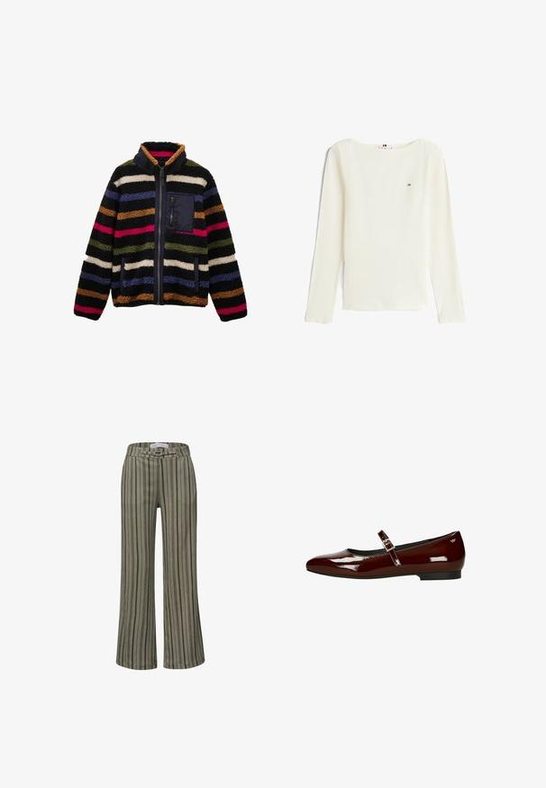 Gestreepte fleece jack met hoge kraag, in kleuren zoals zwart, bruin, groen en roze, plus een ritszak op de borst.; Langsleeve, geribbeld off-white top. Heeft een ronde halslijn en een klein logo op de borst. Zachte stof met een minimalistisch ontwerp.; Olijfgroene broek met hoge taille, zwarte verticale strepen, een gespdetail aan de voorkant en een wijd uitgesneden broekspijp.; Bordeaux lakleren ballerina's met een lage hak, vierkante neus en verstelbare band met een goudkleurige gespsluiting.