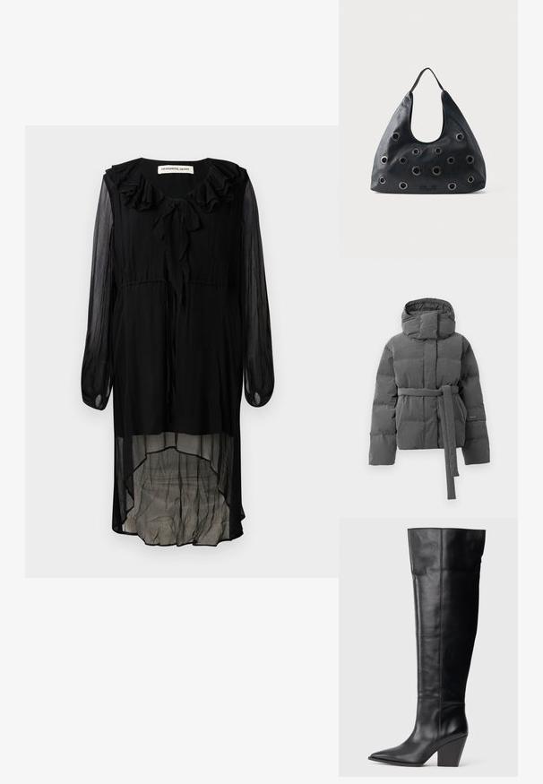 Grijze donsjacket met een ceintuur in de taille, hoge kraag en capuchon. Bevat gequiltte secties en een gestructureerde stof over het geheel.; Zwarte chiffon jurk met een gerimpelde halslijn, lange mouwen en een hoge-laag zoom. Bevat een strik bij de hals en een vloeiende, doorschijnende textuur.; Hoge zwarte leren laars met een spitse neus en een hoge, schuine blokhak, voorzien van verticale stiksels langs de schacht.; Zwarte leren schoudertas met grote ronde metalen oogjes gelijkmatig verdeeld over de voorkant en een enkele schouderband.