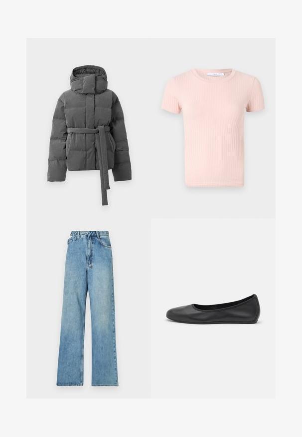 Chaqueta de plumas gris con cintura ceñida, collar alto y capucha. Presenta secciones acolchadas y tela texturizada en toda su superficie.; Camiseta de manga corta de rayas en rosa claro con cuello redondo, que presenta una textura suave y una forma ajustada.; Jeans de mezclilla de color azul claro, de pierna ancha, con una cintura de altura media, cinco bolsillos y un cierre de botón con herrajes metálicos y un acabado desgastado.; Bailarina de piel negra con punta redondeada, textura suave, detalle de costura minimalista y diseño de suela flexible.