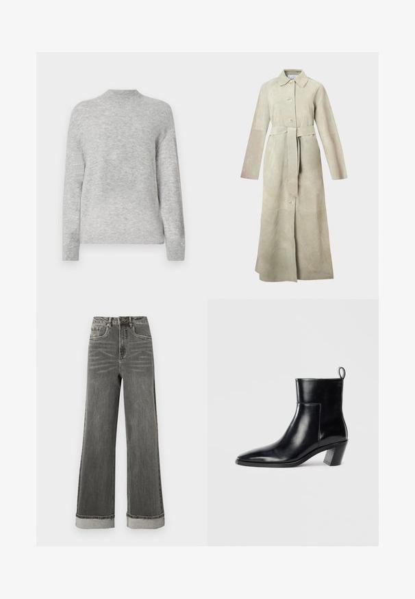 Trench-coat en daim beige clair, avec col cranté, manches longues, boutons à l'avant et ceinture nouée à la taille. Lignes épurées et design minimaliste.; Sweater gris clair avec un col montant, coupe ample et manches longues. Fabriqué à partir d'un matériau doux avec une finition légèrement texturée.; Jean denim gris à jambes larges avec une taille haute, cinq poches et des ourlets retroussés. Le tissu présente une texture légèrement usée avec des coutures visibles.; Bottine en cuir noir avec un bout pointu, un talon empilé géométrique et une languette à l'arrière. Texture lisse et design épuré.
