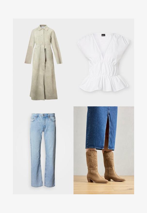 Ruskinds trenchcoat i lys beige med en klassisk reverskrave, lange ærmer, knapper foran og et bindebånd i taljen. Rene linjer og minimalistisk design.; Hvid kortærmet bluse med dyb V-hals, elastisk talje og peplumkant, lagt fladt ud på hvid baggrund.; Lyseblå denim flared jeans med knap og lynlås, fem lommer og kontrastsyninger. Glat tekstur og afslappet pasform.; Tan western-stil støvler med dekorativ syning, spids tå og stakket hæl. Båret med en denimnederdel i knæ længde, der afslører støvlerne.