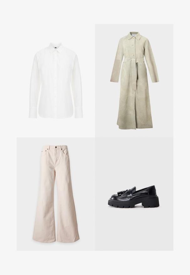 Gabardina de ante en beige claro, con cuello de solapa, mangas largas, botones delanteros y cinturón atado en la cintura. Líneas limpias y diseño minimalista.; Camisa blanca de manga larga hecha de algodón, con un cuello clásico, botones en la parte delantera y un dobladillo recto con bordes ligeramente redondeados.; Pantalones beige de cintura alta y pierna ancha con bolsillos delanteros, trabillas para cinturón y cierre de botón, presentados sobre un fondo blanco.; Mocasines de cuero negro con una suela gruesa y dentada, que presentan un borlas decorativa en la parte frontal y una textura suave y brillante.