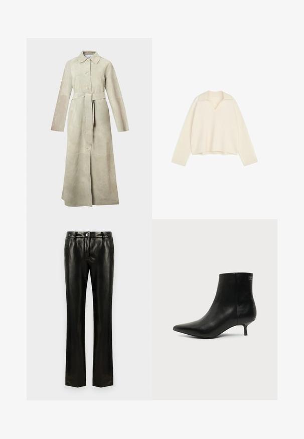 Ruskinds trenchcoat i lys beige med en klassisk reverskrave, lange ærmer, knapper foran og et bindebånd i taljen. Rene linjer og minimalistisk design.; Langærmet sweater i cremefarve med bred krave og dyb V-udskæring, vist fladt på hvid baggrund.; Sorte imitation læder lige ben bukser med knap- og lynlåslukning, bælteløkker og sidelommer, præsenteret mod en hvid baggrund.; Sort læder ankelstøvle med spids tå og lav kitten hæl på lys baggrund, der viser yderside.