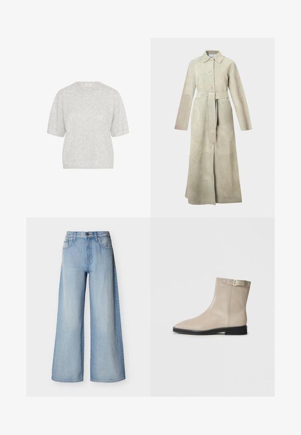 Trench-coat en daim beige clair, avec col cranté, manches longues, boutons à l'avant et ceinture nouée à la taille. Lignes épurées et design minimaliste.; Pull court gris clair à manches courtes, col rond, texture douce, coupe légèrement ample, avec un motif chiné minimal et des détails en bord côtelé.; Jean large bleu clair en tissu denim, taille haute avec fermeture à bouton, présentant un design classique à cinq poches et des détails cousus.; Bottes en cuir beige à la cheville avec un bout pointu, semelle noire, talon bas et une sangle à boucle dorée sur le côté externe, présentées sur un fond blanc.