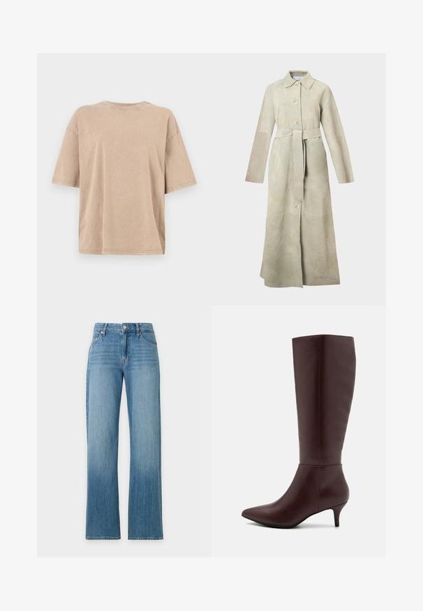 Trench-coat en daim beige clair, avec col cranté, manches longues, boutons à l'avant et ceinture nouée à la taille. Lignes épurées et design minimaliste.; T-shirt beige surdimensionné en coton avec manches courtes, col rond et texture subtile. Ourlet droit sans motifs ni accents visibles.; Jean en denim bleu clair avec une taille haute, des jambes droites larges, des poches avant, et une fermeture par bouton et zip à l'avant.; Anna Field Bottes - dark purple