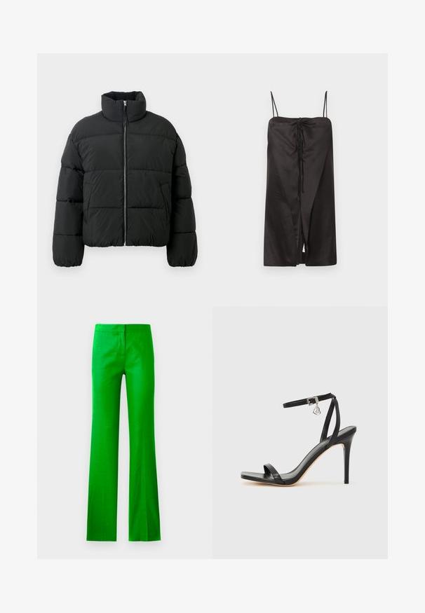 Schwarze Steppjacke mit hohem Kragen, Reißverschluss vorne und gestepptem Design. Verfügt über lange, leicht taillierte Ärmel und Seitentaschen.; Schwarzes Satinkleid in Midilänge mit dünnen Spaghettiträgern und einer vorderen Bindung, die einen dezenten Schlitz erzeugt, vor einem schlichten hellen Hintergrund präsentiert.; Helle grüne, ausgestellte Hosen aus einem glatten Stoff, mit flachem Bund und ohne sichtbare Taschen. Sauberes, minimalistisches Design.; Schwarze High-Heel-Sandale mit schmalem Knöchelriemen, quadratischer Zehenbox, glattem Leder und metallischem Schnallenakzent.