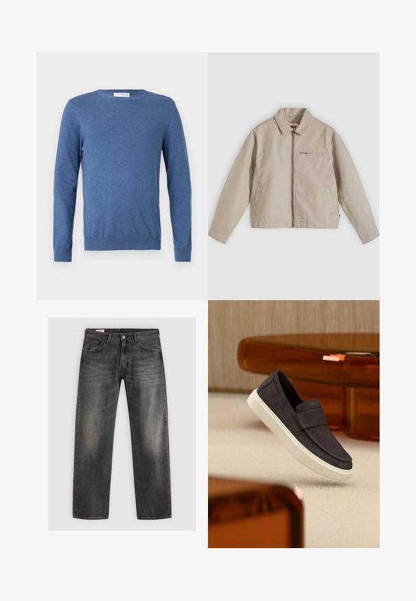 Beige lynlåstrøje med spids krave, to forlommer og en lille lynlåslomme på brystet, vist fladt på en lys baggrund.; Blå langærmet sweater lavet af blød stof. Har en rund halsudskæring, ribbede manchetter og en tætsiddende design uden mønstre eller ekstra detaljer.; Sorte lige ben jeans lavet af denim, med en falmet finish, fem lommer og en klassisk knap- og lynlås lukning.; Mørkegrå ruskindssko uden snørebånd med hvid sål, svævende over beige tæppe, med ravfarvet gennemsigtigt møbel i baggrunden.