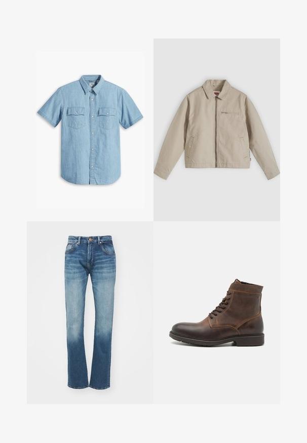 Veste beige à fermeture éclair avec col pointu, deux poches avant et une petite poche zippée sur la poitrine, présentée à plat sur un fond clair.; Chemise à manches courtes bleu clair, en denim, avec deux poches poitrine à couture verticale et un col classique.; Jean en denim bleu avec une coupe droite, un léger délavage, un style à cinq poches et des éléments en métal sur la taille.; Jack & Jones JFWDELANEY BOOT - Bottines à lacets - cognac