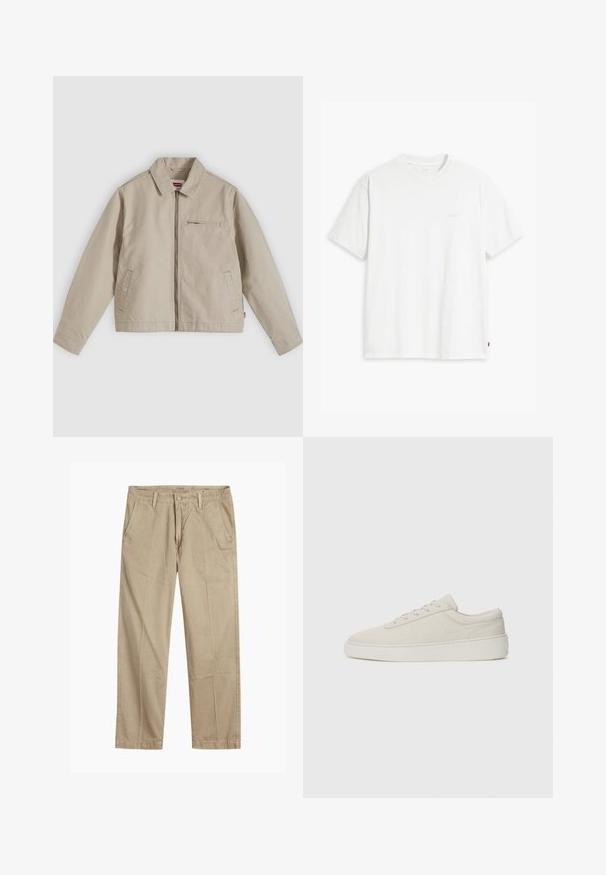 Beige jas met rits, met spitse kraag, twee voorzakken en een klein zakje met rits op de borst, plat liggend op een lichte achtergrond.; Wit katoenen T-shirt met korte mouwen, ronde hals en een subtiel "Levi's" logo in een lichte kleur op de voorkant gedrukt.; Beige rechte pijpen chinos met riemlussen, voorkant met knoop en rits sluiting, en schuine voorzakken.; Beige sneakers met een zachte suede afwerking, ronde neus en platte rubberen zool. Beschikt over vetersluiting en een minimalistisch ontwerp met subtiele stiksels.