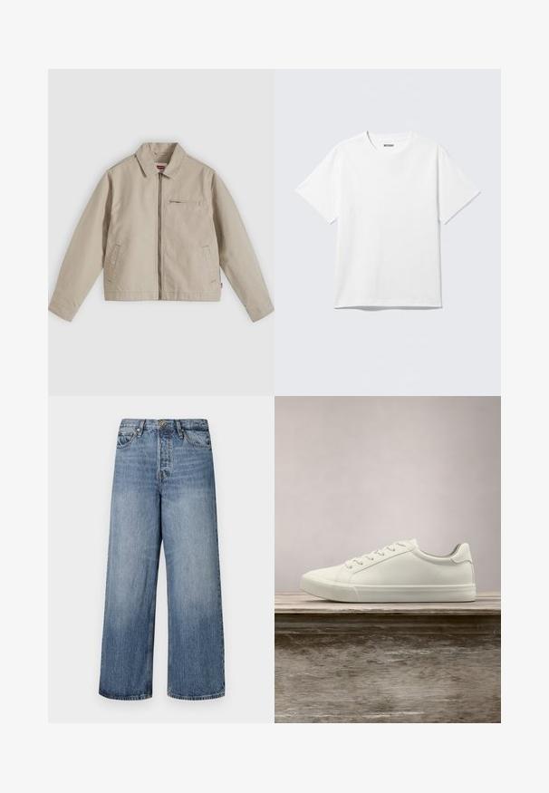 Beige jas met rits, met spitse kraag, twee voorzakken en een klein zakje met rits op de borst, plat liggend op een lichte achtergrond.; Witte T-shirt met korte mouwen en ronde hals, plat gelegd, effen ontwerp, met een "WEEKDAY" label in de kraag op een lichte achtergrond.; Wijde blauwe denim jeans met een vervaagde was, vijf zakken en een knoopsluiting. Voorzien van riemlussen en gestikte details.; Witte vetersneaker die boven een houten bank zweeft met groene bladeren op de achtergrond, waarbij het ontwerp en de textuur van de schoen worden getoond.
