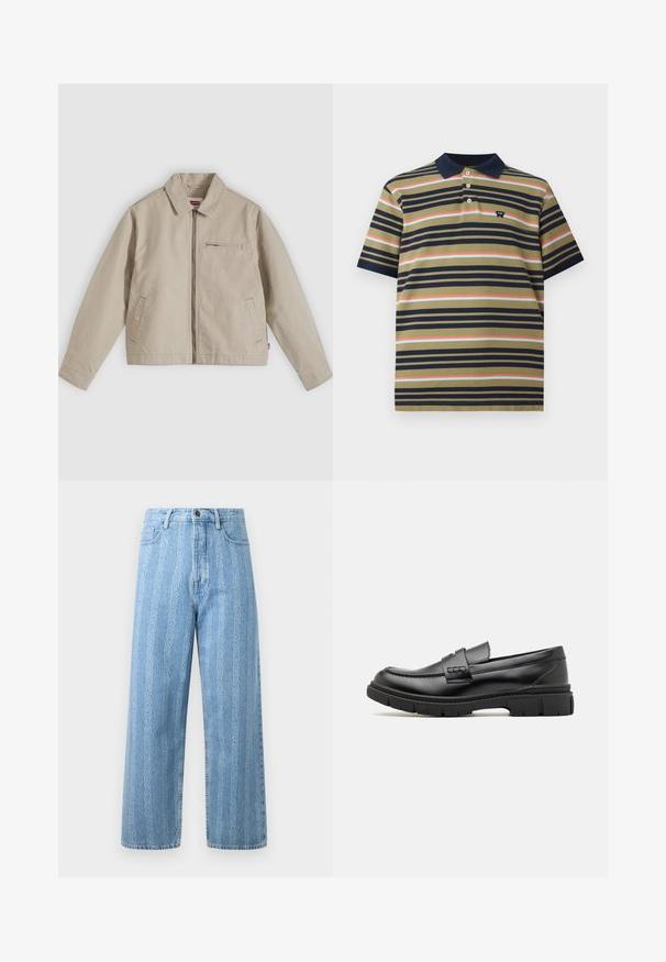Veste beige à fermeture éclair avec col pointu, deux poches avant et une petite poche zippée sur la poitrine, présentée à plat sur un fond clair.; Polo à manches courtes avec col marine, base olive, et rayures horizontales en marine, corail et bleu clair, présentant un petit logo sur la poitrine.; Jean en denim bleu clair avec une coupe large, arborant un motif chaîne répétitif. Style classique à cinq poches avec détails en métal sur le bouton.; Mocassin en cuir noir avec une large sangle sur le devant, semelle en caoutchouc à épaisse rainure, et texture lisse. Design classique et élégant.
