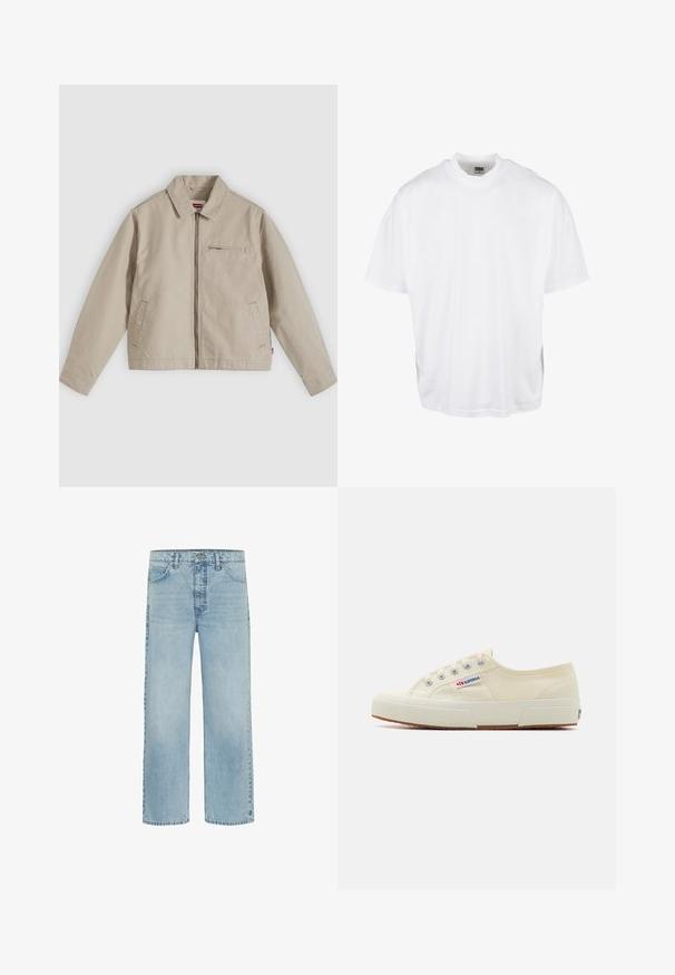 Beige lynlåstrøje med spids krave, to forlommer og en lille lynlåslomme på brystet, vist fladt på en lys baggrund.; Hvid bomulds T-shirt med en afslappet pasform, korte ærmer og rund halsudskæring, med en lige kant og ingen synlige grafikker eller mønstre.; Lyseblå straight-leg denimjeans med forlommer og knaplukning, der viser subtil falming og minimal slid.; Beige lærredssneaker med et lavprofildesign, metaløjet og gummisål. Har et tekstureret mønster og logodetalje på siden.