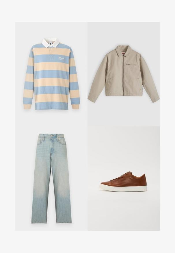 Veste beige à fermeture éclair avec col pointu, deux poches avant et une petite poche zippée sur la poitrine, présentée à plat sur un fond clair.; Maillot de rugby à manches longues avec larges rayures horizontales beige et bleu clair, col blanc et texte "Element Co. 1992" sur la poitrine.; Jean en denim bleu clair taille haute, coupe droite, avec poches avant, passants de ceinture et fermeture par boutons.; Baskets en cuir brun avec un bout arrondi, semelle en caoutchouc blanc et lignes épurées. Présente une fermeture lacée et un logo discret sur le côté.