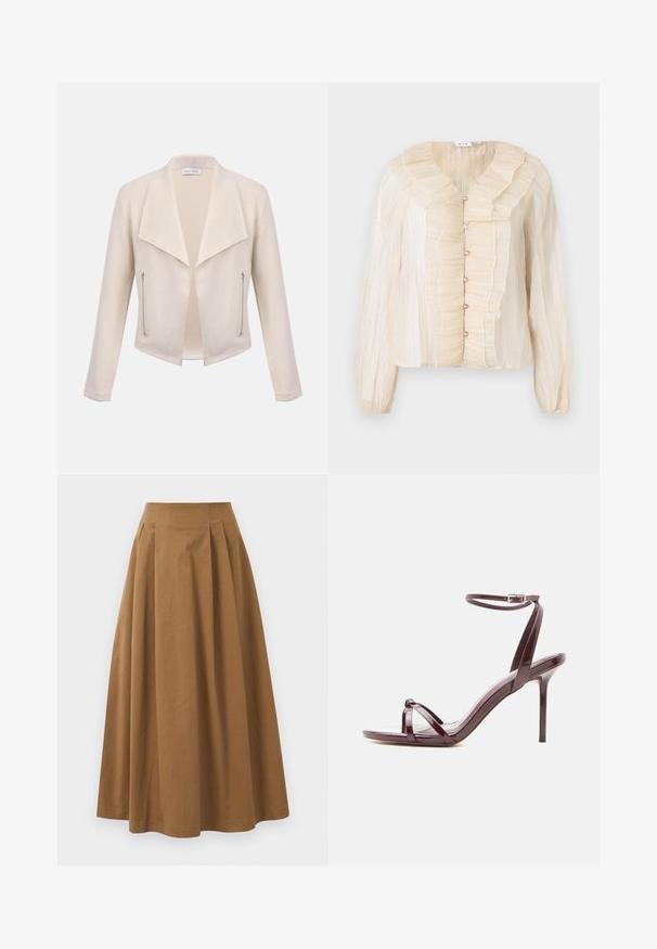 Damesjas in crèmekleur met brede revers, open voorkant, lange mouwen en twee verticale ritszakken aan de voorzijden.; Crème-kleurige blouse met een ruchesnek en ruches aan de voorkant, knoopsluitingen, lange mouwen en een zachte textuur. Accenten in een bijpassende tint.; Bruine katoen A-lijn rok met een hoge taille, voorzien van plooien aan de voorkant en een gladde textuur. De zoomafwerking is schoon en eenvoudig.; Sandaal met hoge hak van bordeaux lakleer met dunne enkelriem en gekruiste teenriemen op een witte achtergrond.