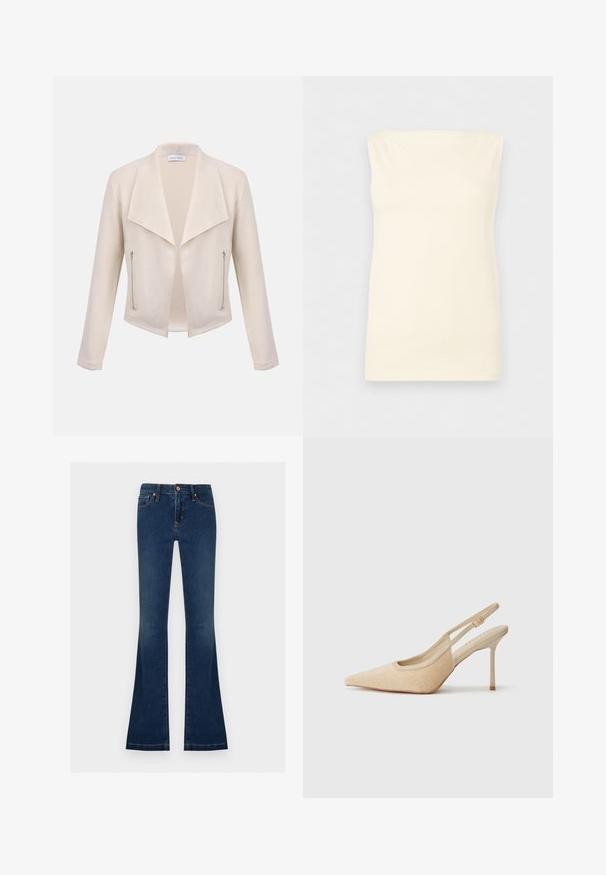 Veste femme couleur crème avec larges revers, devant ouvert, manches longues et deux poches zippées verticales sur les côtés avant.; Haut sans manches, crème, ajusté, avec un décolleté droit et une texture lisse sur un fond neutre.; Jean en denim bleu foncé à taille haute avec jambes évasées, doté de poches avant, de passants pour ceinture et d'une fermeture à boutons.; Escarpins slingback beiges à bout pointu, fabriqués dans un matériau texturé, avec un talon fin et une sangle ajustable.