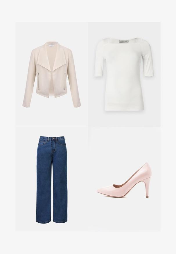 Chaqueta femenina color crema con solapas anchas, parte delantera abierta, mangas largas y dos bolsillos verticales con cremallera en los laterales delanteros.; Top blanco de manga corta con escote cuadrado, hecho de una tela suave, con detalles sutiles de costuras en los hombros y los laterales.; Pantalones vaqueros de mezclilla azul oscura de pierna ancha con cintura elevada, con cierre de botón, trabillas para el cinturón y bolsillos delanteros y traseros. Textura suave.; Zapato de tacón alto de charol rosa con punta afilada y tacón delgado. Textura suave con acabado brillante. Sin acentos o patrones visibles.