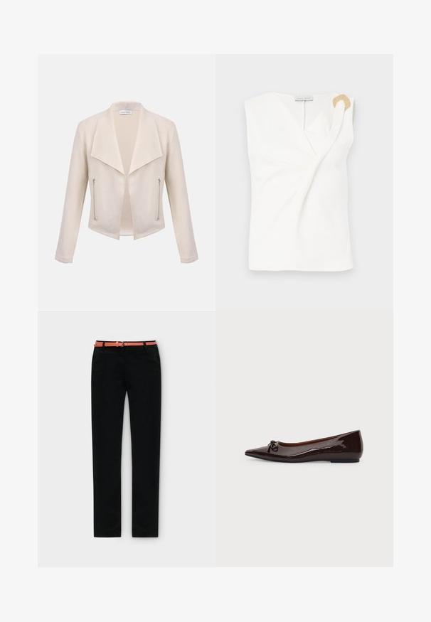 Veste femme couleur crème avec larges revers, devant ouvert, manches longues et deux poches zippées verticales sur les côtés avant.; Blouse sans manches blanche avec un design croisé, présentant un détail décoratif en forme d'anneau doré sur l'épaule droite.; Pantalon noir à jambe droite avec une coupe slim, associé à une fine ceinture corail passée dans les passants.; Chaussure plate marron brillante à bout pointu avec un petit nœud sur le devant et un petit talon sur un fond uni.